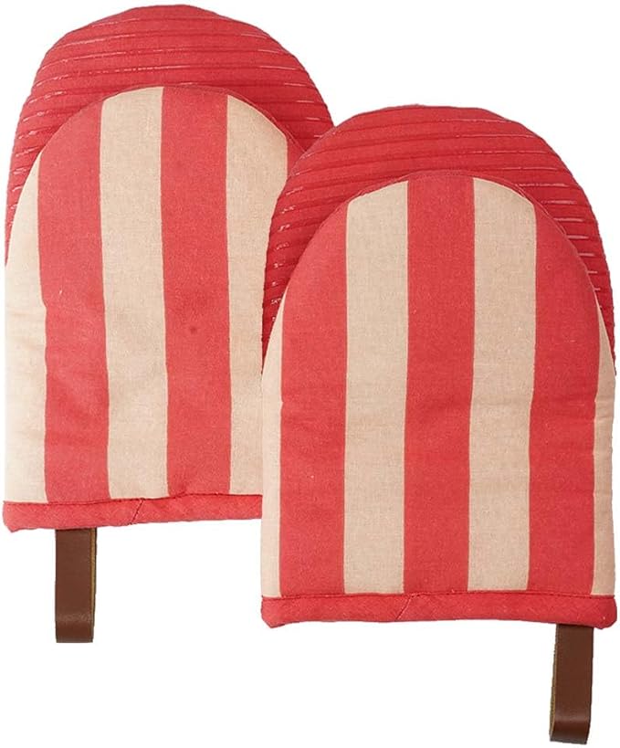 Folkulture Oven Mitts, Red Striped, Set of 2, Heat Resistant - (5.75"x9") | 100% Cotton, Non Slip, Silicone, Cute Striped Mini Mits with Hanging Loop, Kitchen Décor, Cooking Gifts, New Home Essentials