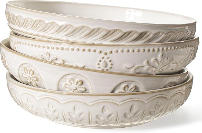 Pasta Bowls, 50oz Large Salad Serving Bowls, 9.75'' Plates Bowls Set of 4, Big White Ceramic Soup Bowls for Kitchen, Embossment Shallow Dinner Bowl, Microwave Dishwasher Safe, Multiple Patterns