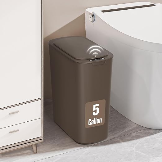 Cesun 5 Gallon Automatic Bathroom Trash Can with Lid, Brown, Touchless | Motion Sensor, Slim, Small Smart Garbage Bin, Plastic, Battery Operated, Manual Button, for Office/RV/Bedroom/Living Room