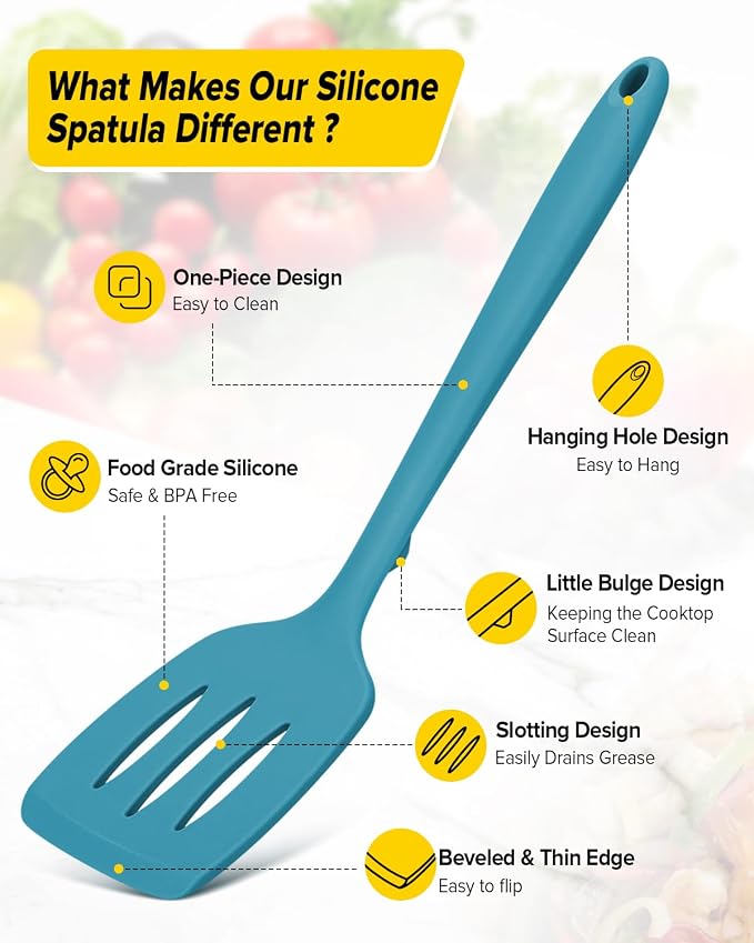 Pack of 2 Silicone Spatula Turners, Non Stick Slotted Kitchen Spatula Set, Heat Resistant BPA Free Kitchen Utensils, One-Piece Design, Suitable for Flipping Fish, Eggs, Steak, Pancakes(BLUE)