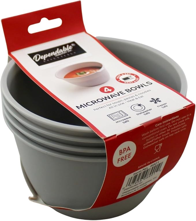 Dependable Industries inc. Essentials Unbreakable Microwave Bowls Heat and Eat 26 OZ Dishwasher Safe BPA-Free Plastic for Serving Soup Pasta Noodles Oatmeal Cereal Stakable Set of 4