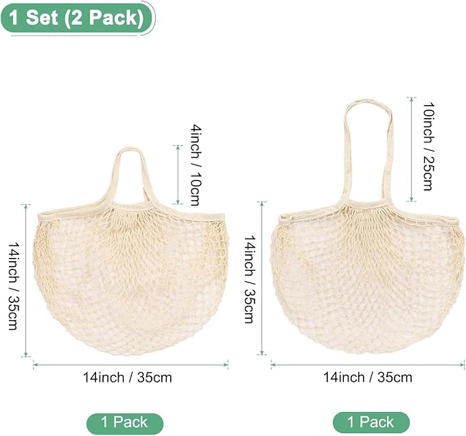 M METERXITY 2-Pack Cotton Mesh Bag, Reusable Washable Mesh Net String Grocery Bags, Reusable Produce Bags with Handle, Net Tote Bag for Fruits/Vegetables Shopping [Cream, Long&Short Handle]