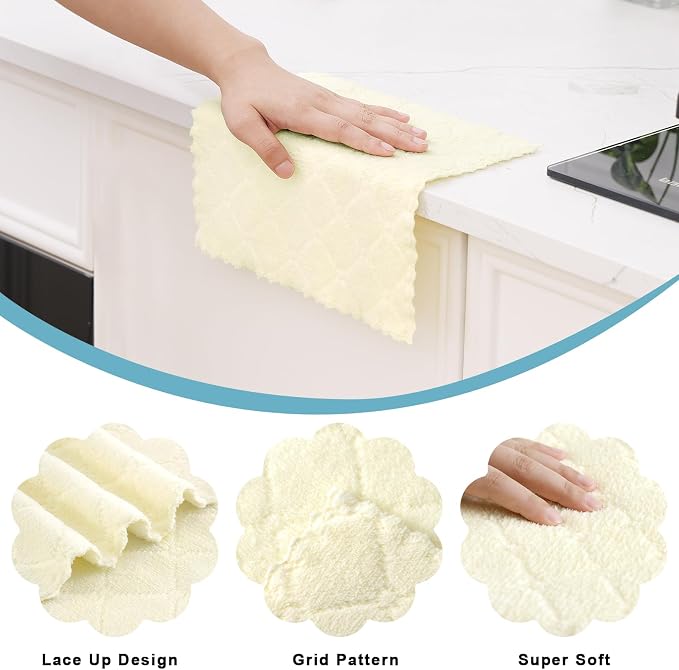 Homaxy 12 Pack Super Soft & Absorbent Dish Cloths, 10" x 10", Cream Yellow | Coral Velvet, Nonstick Oil Fast Drying Microfiber Cleaning Cloth, No Lint Household Dishcloths