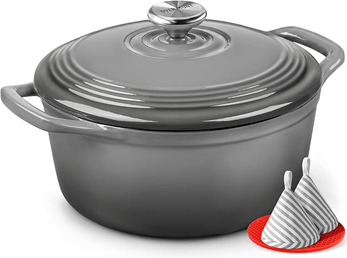 Overmont Enameled Cast Iron Dutch Oven - 5.5QT Pot with Lid Cookbook & Cotton Potholders - Heavy-Duty Cookware for Braising, Stews, Roasting, Sourdough Baking Grey