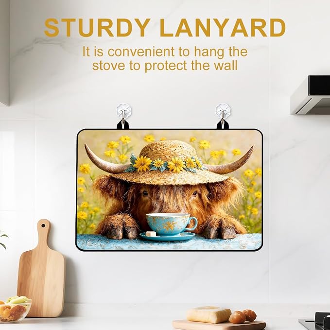 Highland Cow Stove Top Cover 28x20 Inch Farmhouse Electric Stove Cover | Heat Resistant Cooktop Protector Mat with Non-Slip Backing, Scratch Protection and Countertop Drying Mat.