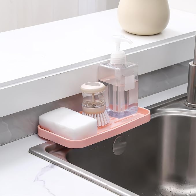 MicoYang Silicone Kitchen Sink Organizer Tray for Multiple Usage,Easy Clean,Eco-Friendly Sponges Holder for Kitchen Bathroom Counter or Sink,Dish Soap Dispenser,Scrubber,Bottle,Cup Pink 10”x 5.3”