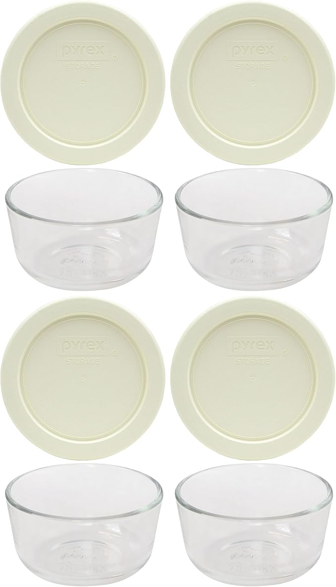 Pyrex 7202 1-Cup Bowls & 7202-PC Sour Cream Lids (4-Pack) - Made in USA | 7202-PC | Nonporous Surface | BPA-Free Covers | Stain-Resistant | Nestable Profile | Top-Rack Dishwasher-Safe