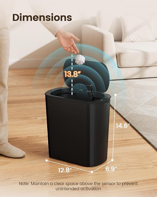 TIPGO 5 Gallon Automatic Bathroom Trash Can with Lid, Black, Touchless | Motion Sensor, Slim Smart Garbage Bin, Plastic Wastebasket, Battery Operated, Manual Button, for Bedroom, Office, RV