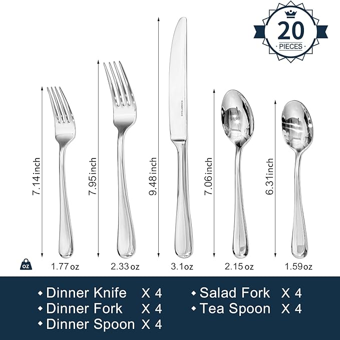 Silverware Set for 4, 20 Piece Stainless Steel Flatware Cutlery Utensil Set | KINGSTONE Heavy Duty Utensils, Modern Design, Mirror Polished Knives Fork and Spoon,Dishwasher Safe for Wedding Housewarming