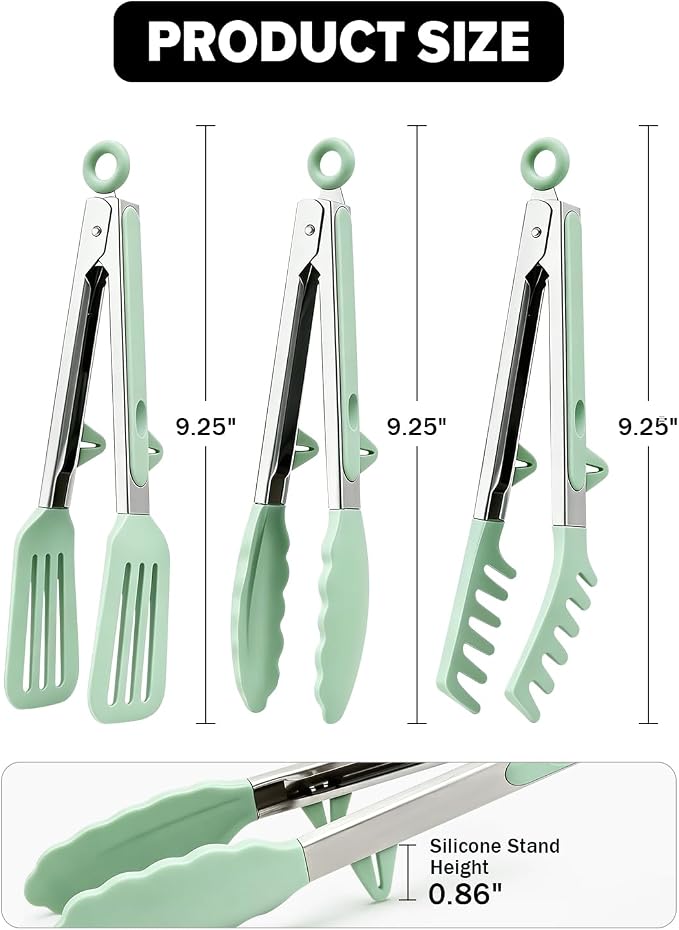 Kitchen Tongs for Cooking, Non Scratch Silicone Tip for Nonstick Cooking Pans, Food Grade Mini Serving Tongs, Pull Lock, Set of 3 (Green, 9 inch)