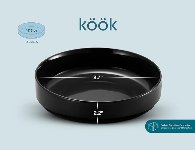 KooK Pasta Bowl, Bowl Plate, Low Bowl, Plate Bowls, Ceramic Large Shallow Bowls, Microwave and Dishwasher Safe, Great for Soups and Salads, Glossy Porcelain, 47 oz, Set of 4, Black