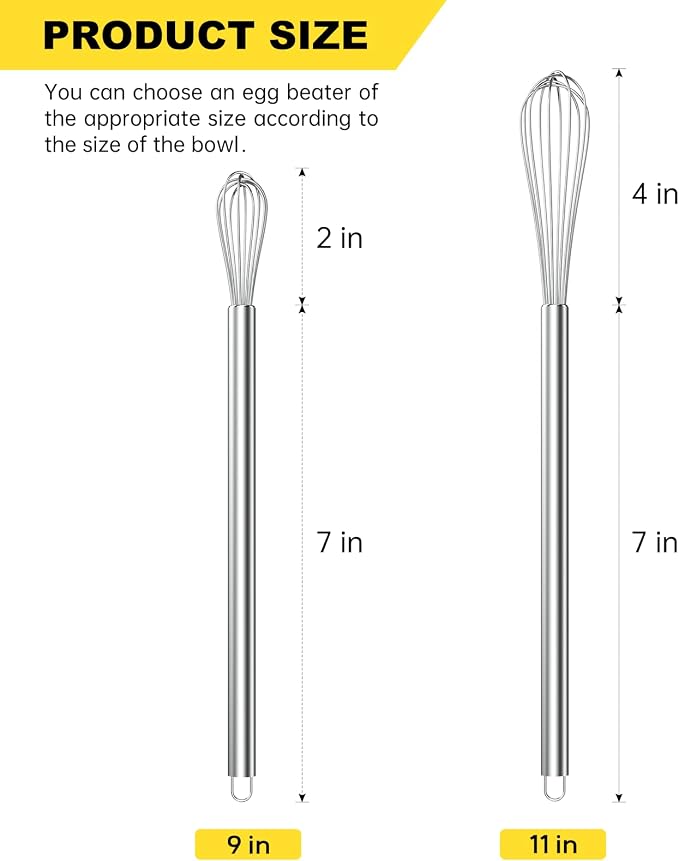 NileHome Mini Whisks Stainless Steel Whisk Set 9" 11"Kitchen Small Wisk Balloon Wire Tiny Whisks for Cooking, Whisking, Blending, Beating, Stirring 2 Pack