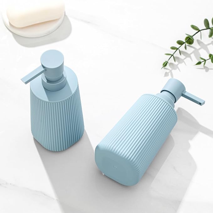 YAUKPH Small Soap Dispenser for Bathroom and Kitchen Light Blue | Modern Farmhouse Striped Style Plastic Hand Soap Dish Soap Dispenser with Pump