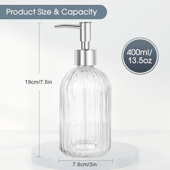 Topsky Stripe Glass Soap Dispenser with Plastic Pump, 400ml Liquid Hand Soap Dispenser, Rustproof Pump for Kitchen & Bathroom, Great for Lotions, Essential Oil, Liquid Soaps,Transparent