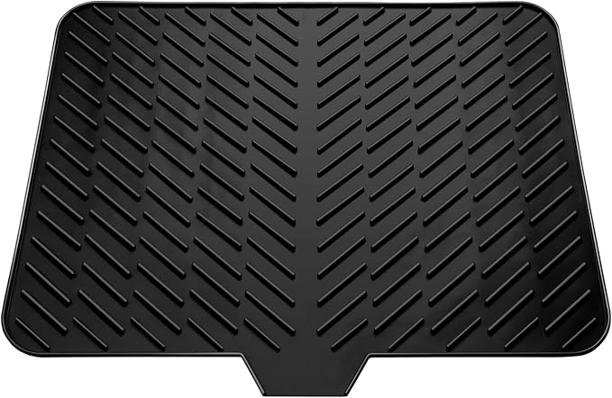 Silicone Dish Drying Mat for Kitchen Counter, Black-1pcs, 23" x 17" | Heat Resistant & Non-Slip Dish Drain Pad with Built-In Drain, Dishwasher Safe, Quick-Dry, Hangable & Roll-Up for Storage