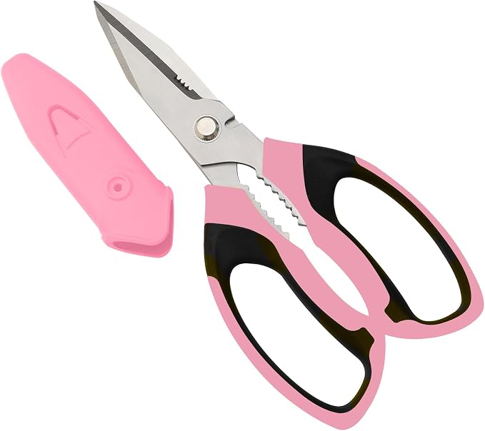 BoFuYuan Utility Scissors All Purpose heavy duty 8-Inch Pink | Comfort Grip, Sharp Serrated Blades Cutting Carpet Cardboard Wire Fabric, Multipurpose Shears for Kitchen Garden Office Craft