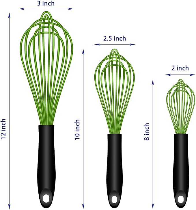 OYV Green Silicone Whisk Set of 3, 8/10/12 Inch, Dishwasher Safe | Sealed Waterproof Handles, Non-Scratch Silicone-Coated Wires, Nonstick-Safe, Durable Stainless Steel Cores, Easy To Clean