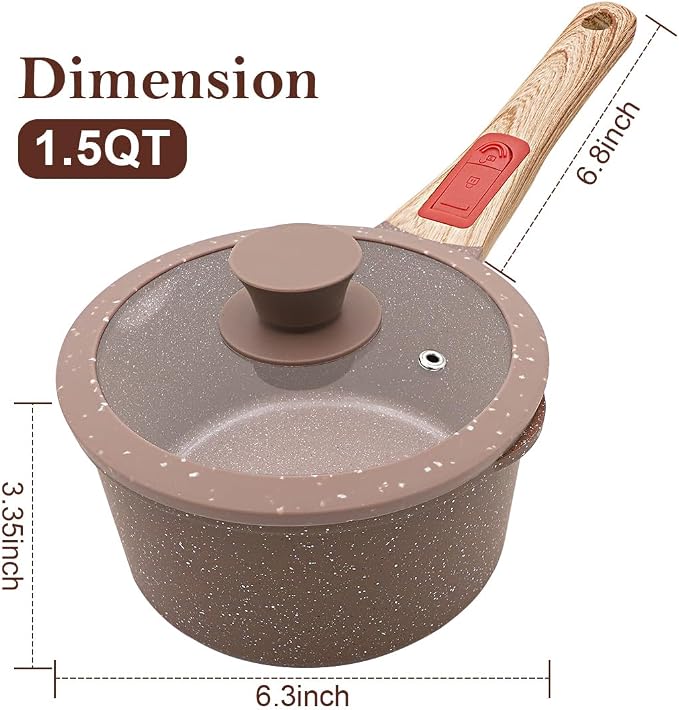 AIKENBBKK 1.5 Quarts Ceramic Nonstick Saucepan with Lid, Small Sauce Pot with Pour Spouts for Multipurpose Use, Milk Pan with Detachable Handle, Oven Safe (Brown)