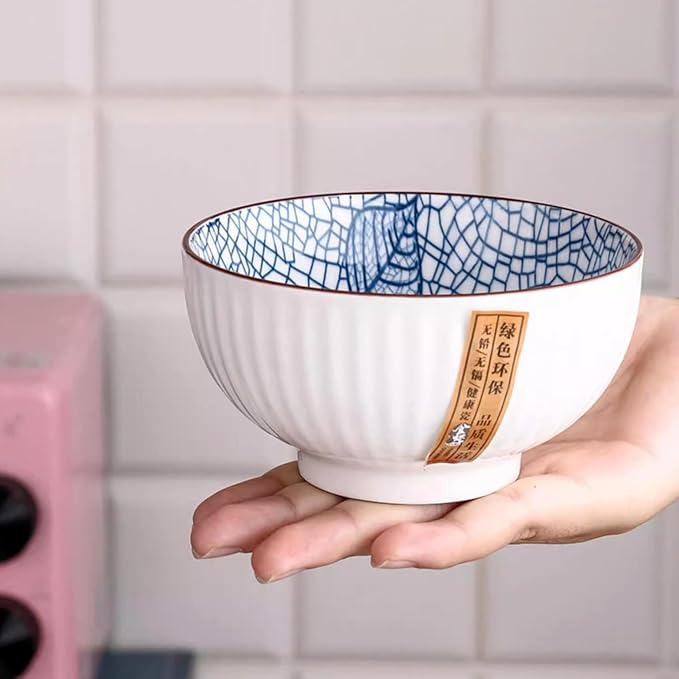 10 oz Small Ceramic Bowls Set of 6, 4.5 Inch Japanese Blue and White Bowls for Ice Cream, Rice, Dessert, Snack, Dipping, Microwave and Dishwasher Safe - Leaf Pattern