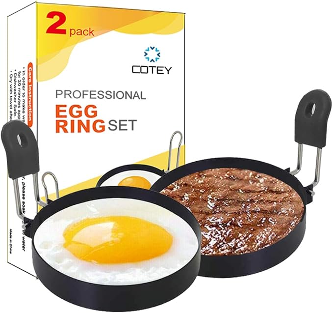 COTEY 3.5" Egg Rings Set of 2 with Silicone Handle, Large Ring for Frying Eggs, Round Mold for English Muffins - Griddle Cooking Shaper for Breakfast | Stainless Steel Fried Egg Cooker Ring Molds for English Muffin. Heat-resistant Silicone Handles Idea...