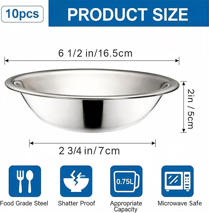 Okllen 10 Pack Small Stainless Steel Bowls, 6 1/2 Inch Wide Kitchen Metal Bowl with Flat Base, 3/4 Quart Prep Bowls for Meal Prep, Cooking, Serving, Baking