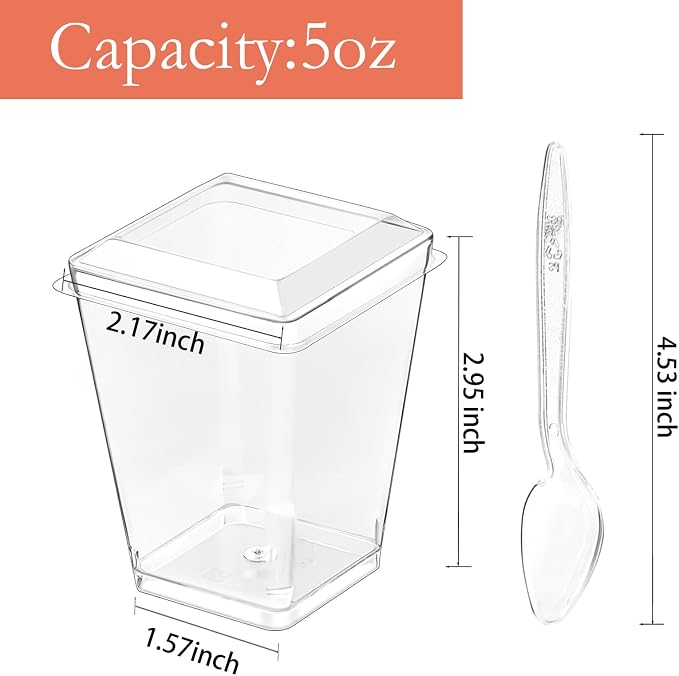 Hiasobre 5 oz Plastic Dessert Cups with Lids and Spoons, 100 Pack | Clear Reusable Square Mini Parfait Appetizer Cups, Shooter Serving Cups, Party Dessert Shot Glasses for Tasting