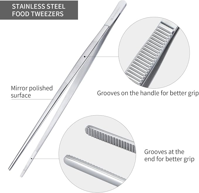 MSY BIGSUNNY Set of 2 Kitchen Tweezers Fine Tweezer Tongs 12 Inch Stainless Steel Food Tweezer, Precision Serrated Tips Food Tongs,Extra-Long Straight Tweezers