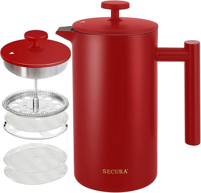 Secura French Press Coffee Maker, 304 Grade Stainless Steel Insulated Coffee Press with 2 Extra Screens, 34oz (1 Litre), Red
