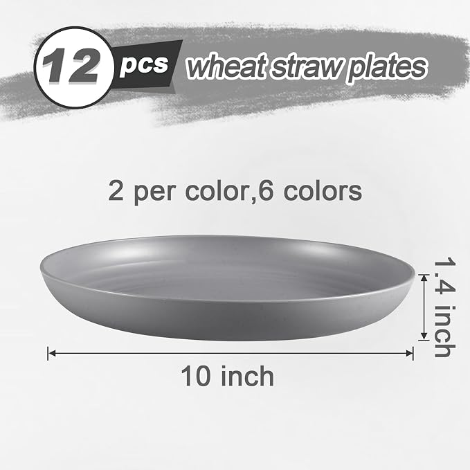 HEYCOME 12 Pcs Unbreakable Deep Dinner Plates Set, 10 inch Reusable Plastic Wheat Straw Plates, Microwave and Dishwasher Safe Plate for Kitchen, Lightweight Plate for Dessert, BPA Free, 6 Colors
