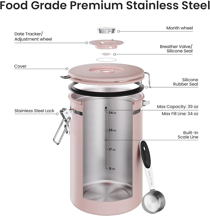 Veken Coffee Canister,39OZ, 2.2lbs,Large Airtight Stainless Steel Container | Date Tracker, Kitchen Food Storage Jars for Beans, Ground, Espresso, Rice,Tea, Sugar, Cereal, Cookie,Gifts, Lids, Scoop, Pink