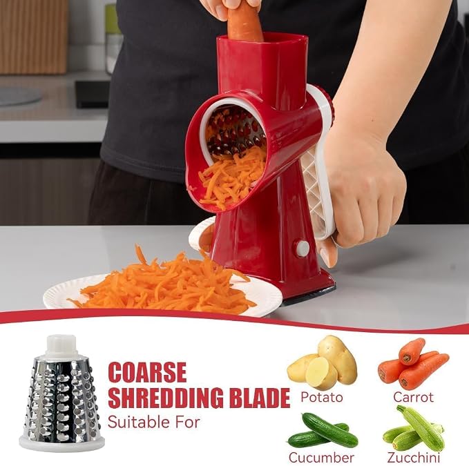 KEOUKE Rotary Cheese Grater Hand Crank Red - Shredder Slicer Grinder 3 Stainless Steel Blades, Stable Suction, Labor-Saving Handle, Safe Kitchen Tool for Cheese, Vegetable, Nuts, Chocolate