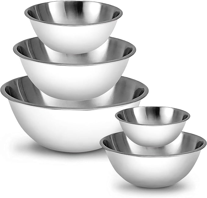 WHYSKO Stainless Steel Mixing Bowls Set, 5-Piece Meal Prep & Food Storage | .75, 1.5, 3, 4 & 5 Quart Metal Mixing Bowls Set for Prep, Serving, Baking & Food Storage, Ecofriendly, Dishwasher Safe, White