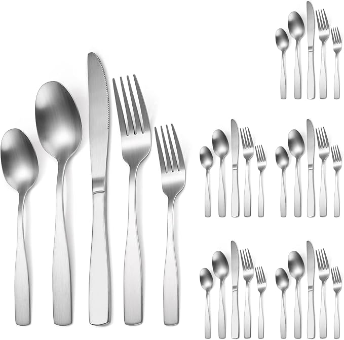 Silver Matte Silverware Square Handle 30 pieces Stainless Steel Cutlery Set for 6 Tableware Modern Eating Utensils for Home Kitchen Bar Restaurant