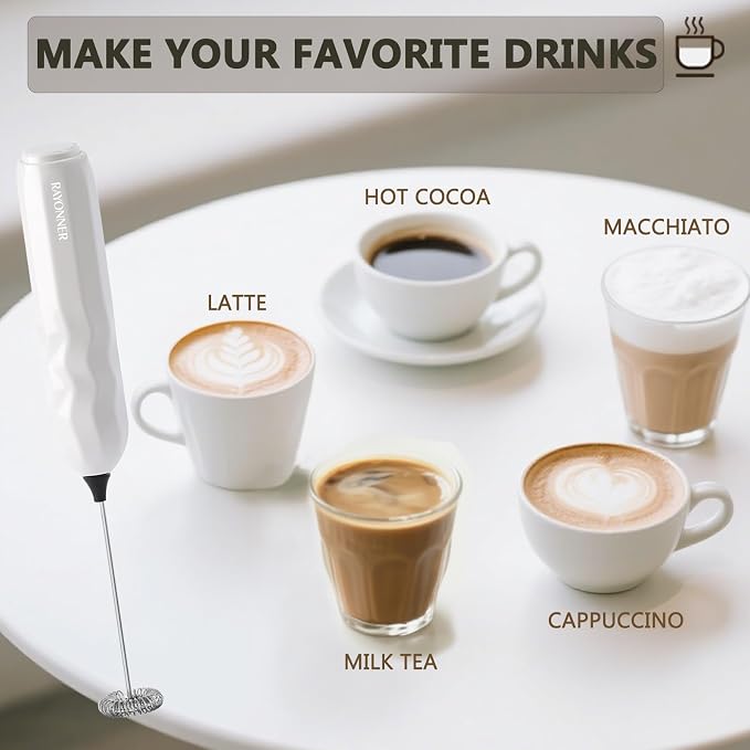RAYONNER Kitchen Milk Frother Handheld Coffee Frother Foam Maker White | Fast Powerful Drink Mixer, Stainless Steel Whisk, For Coffee, Latte, Matcha
