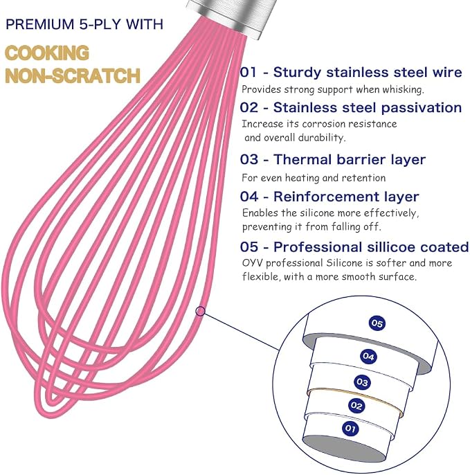OYV Pink Silicone Whisk Set of 3, 8/10/12 Inch, Non-Scratch | BPA-Free Silicone, Heat Resistant Up to 480°F, Stainless Steel Core, Dishwasher Safe, Nonstick-Safe