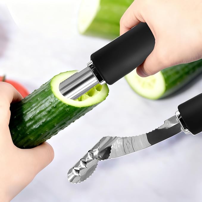 2Pcs Jalapeno Pepper Corer Zucchini Cucumber Corer Tool with Serrated Slice & Rubber Handle Stainless Steel Pepper Seed Remover for Kitchen Deseeder or Slice off Vegetables Tops