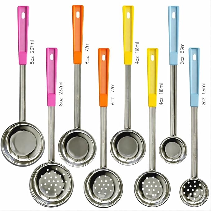 Portion Control Serving Spoons, 8 Piece Set | Restaurant Measuring Serving Ladle Utensils, Includes 2, 4, 6, 8 oz Solid & Perforated Scoops, 14-1/4" Long