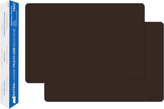 GASARÉ, Set of 2, Extra Large, Thick, Silicone Mats for Kitchen Counter, Heat Resistant Mats, Countertop Protector, Non-Slip, Easy to Clean, 25 x 17 Inches x 1.4mm, Brown