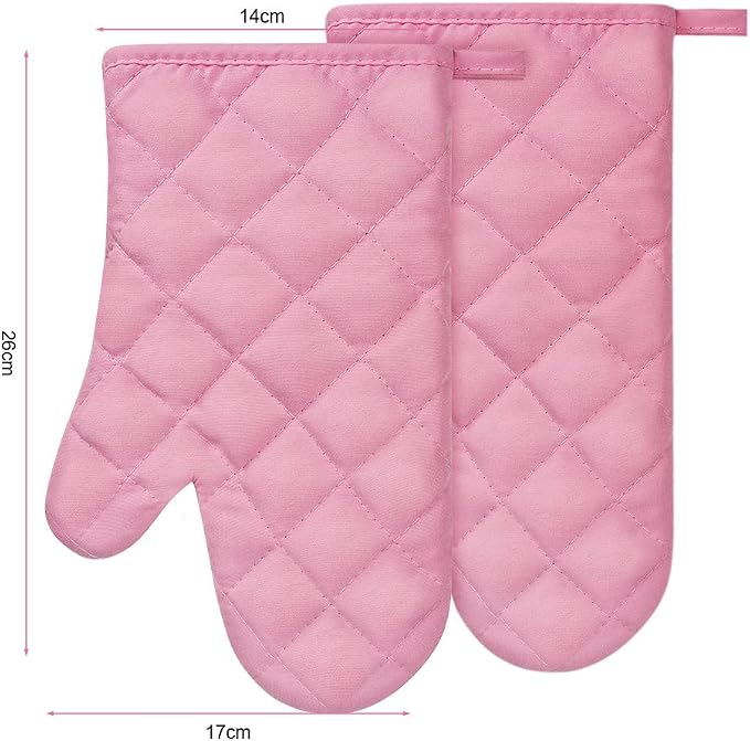 AUAUY Pink Oven Mitts, 1 Pair Kitchen Mittens, 392°F Heat Resistant | Oven Gloves Non-Slip Kitchen Gloves for Oven, BBQ Gloves-Oven Mitts Infill Cotton Cooking Gloves for Oven Grilling Baking
