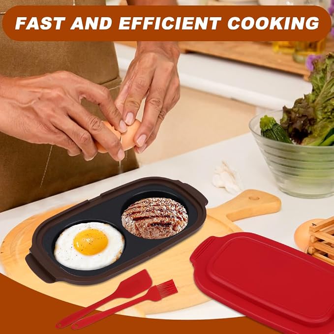 Microwave Egg Cooker & Poacher, Quick-Heat Dual Cavity Non-Stick Egg Maker for Breakfast Sandwich, Muffins and Omelets, Includes Spatula & Oil Brush for Home, Office, RV Travel