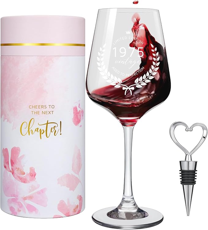 AW BRIDAL 50th Birthday Gifts for Women Her, Personalized 1975 Vintage Wine Glass Gift Set for 50 Year Old Birthday Decorations, Born in 1975 Gifts for Mom Dad Wifey Husband Sisters Friend Coworker