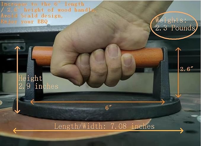 Firsgrill Burger Press 7.08" Round & 8.3”X4.3”Rectangle Heavy-Duty Cast Iron Smash Meat Steak With Wood Handle for Blackstone Camp chef Pitboss Weber Treager Griddle Grills (Round & Rectangle)