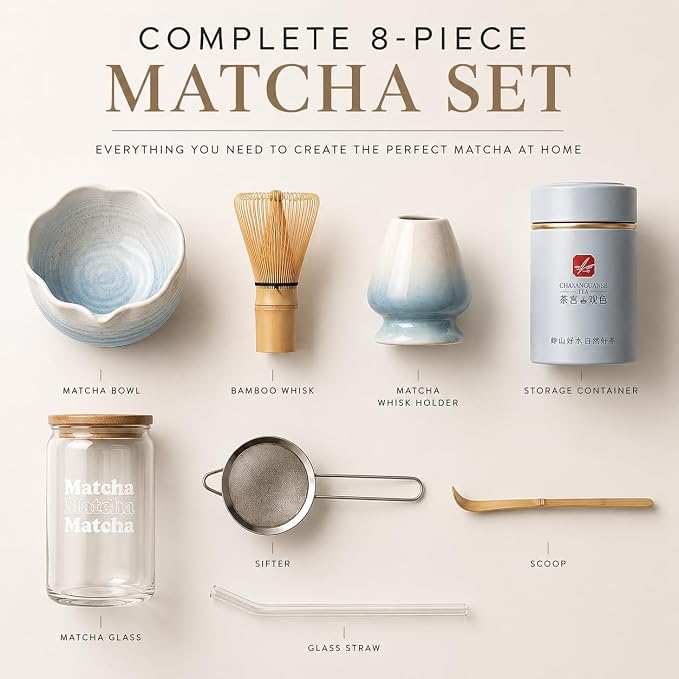 BARISTA EMPEROR® PREMIUM 8pcs MATCHA WHISK SET - Professional Matcha Kit Set with Matcha Bowl, Matcha Whisk, Matcha Glass, Glass Straw, Storage Container, Sifter, Scoop - Aesthetic Matcha Set Kit