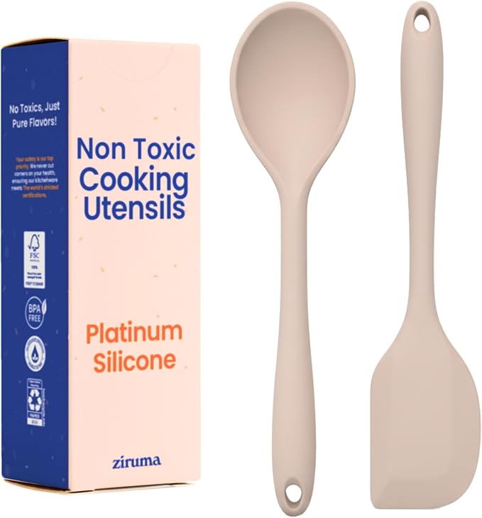 NonToxic Platinum Silicone Utensils, 100% Plastic-Free, 2-Pcs, Beige | LFGB-certified platinum silicone. Solid steel core, no hidden plastics. 500°F heat resistant. Non-scratch. Dishwasher safe