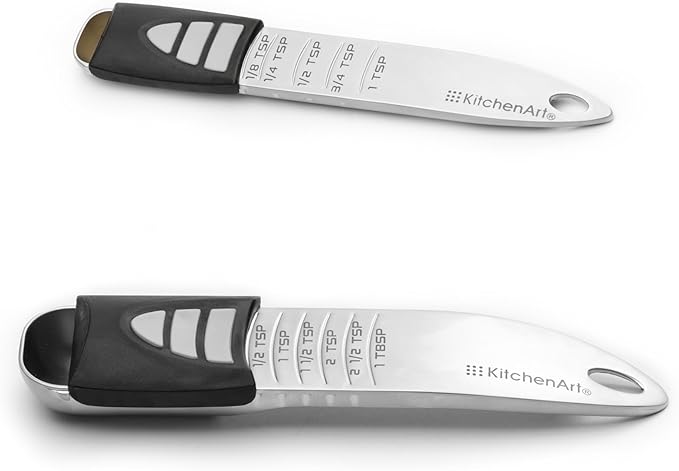 KitchenArt Stainless Steel Pro Sliding Adjust-A-Tablespoon and Teaspoon Set | All In One Measuring Spoons | Declutter Your Kitchen | Measuring Spoon Set | Baking & Cooking Essentials | Easy to Use Spoons