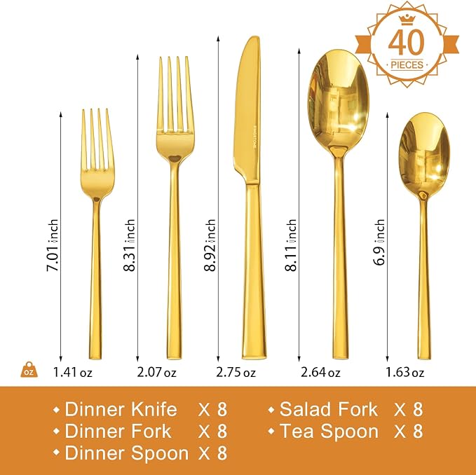 Gold Silverware Set, 40-Piece Forged Flatware Set Cutlery Set Premium Stainless Steel, Service for 8, for Kitchen, Home, Wedding, Party, Mirror Polished Dishwasher Safe