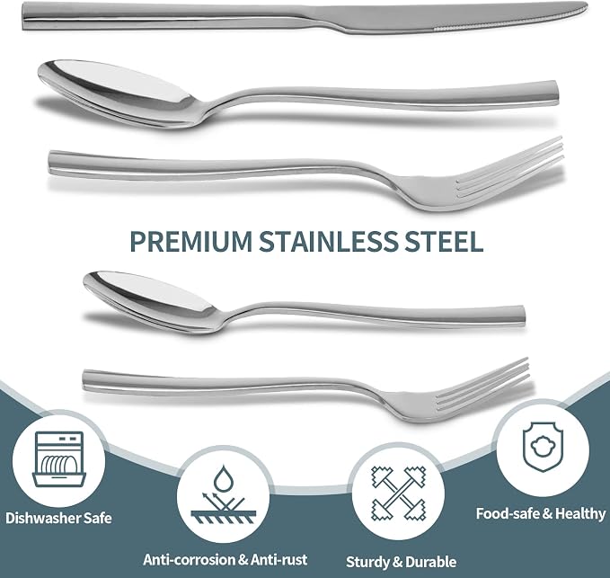 Silverware Set for 8, 40 Pieces Flatware Cutlery Set Stainless Steel | Luxury Steak Knife Fork and Spoon Set, Square Handles, Mirror Polished, Dishwasher Safe, for Home Kitchen Restaurant Weddings
