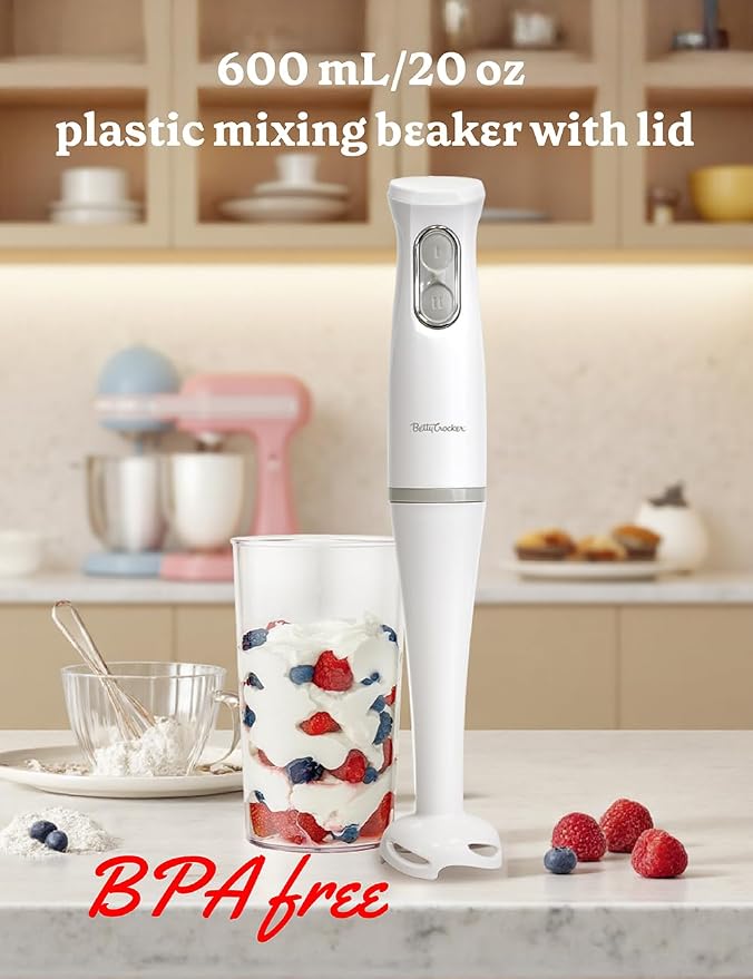 Betty Crocker 2-Speed Hand Blender, 20-Oz. Beaker, BC-4307W, White | Immersion Blender, 300W Motor 450W Peak Power, Soft-Touch Pulse Control, Stainless Steel Blade, BPA Free