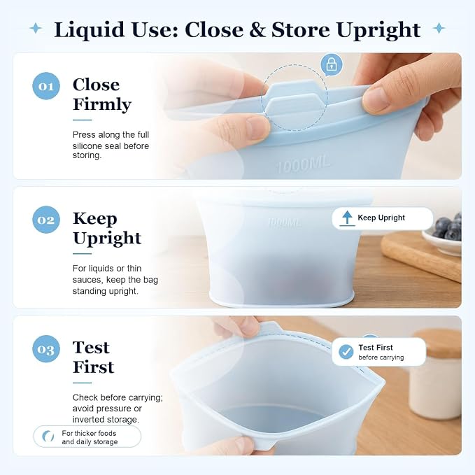 Reusable Silicone Food Storage Bags, 3 Pack 17/34/50 oz, Snack & Meal Prep(Blue)