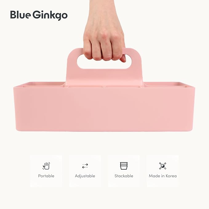 BLUE GINKGO Stackable Organizer Caddy, Long, Pink, Made in Korea | Portable. Adjustable. Home, Office & School Storage.